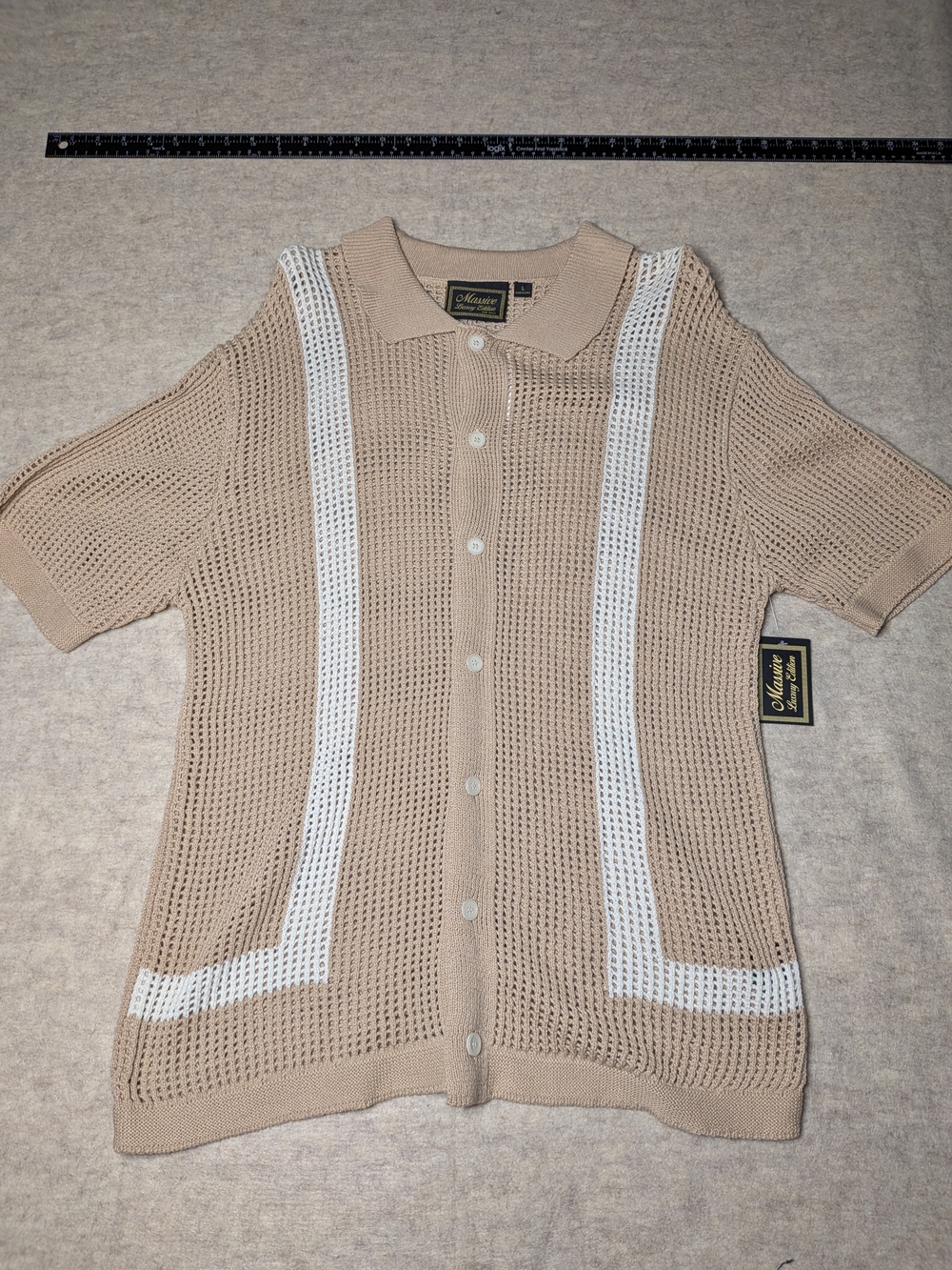 Massive Luxury Edition Men's Beige Open-Knit Button Cardigan with White Trim